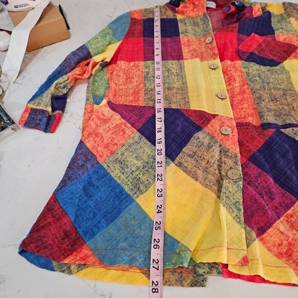 TERRA SJ Apparel Patchwork Multicolor Button Shirt Ruffle Collar Tunic Large - Picture 12 of 13